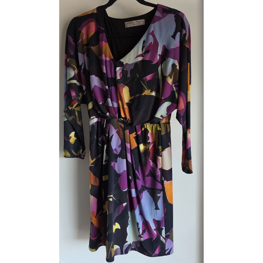 Trina Turk Floral Midi Dress V-Neck 3/4 Sleeve Black Purple Pink Multicolor